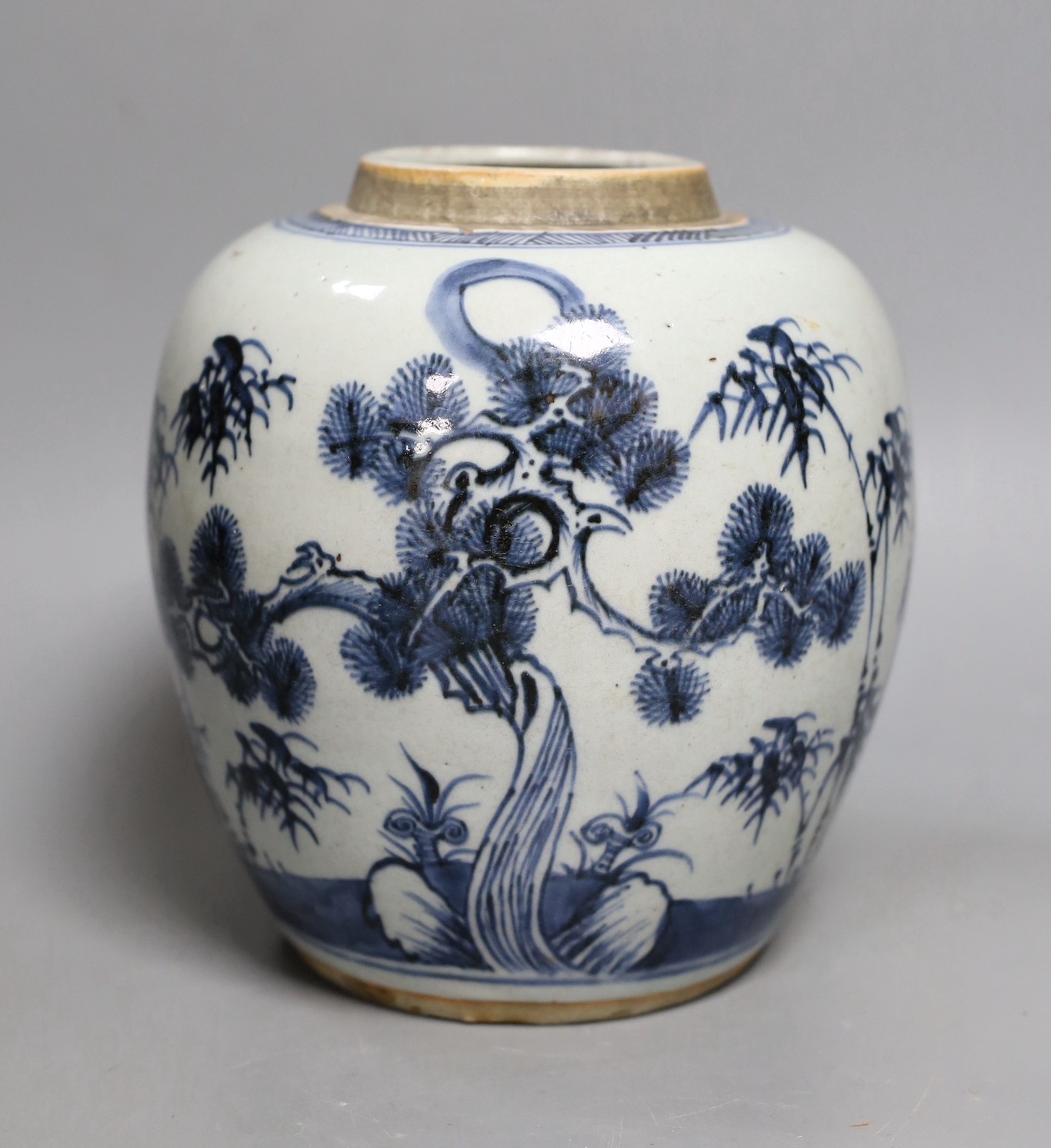 An 18th century Chinese blue and white ‘Three Friends’ jar, 19cm